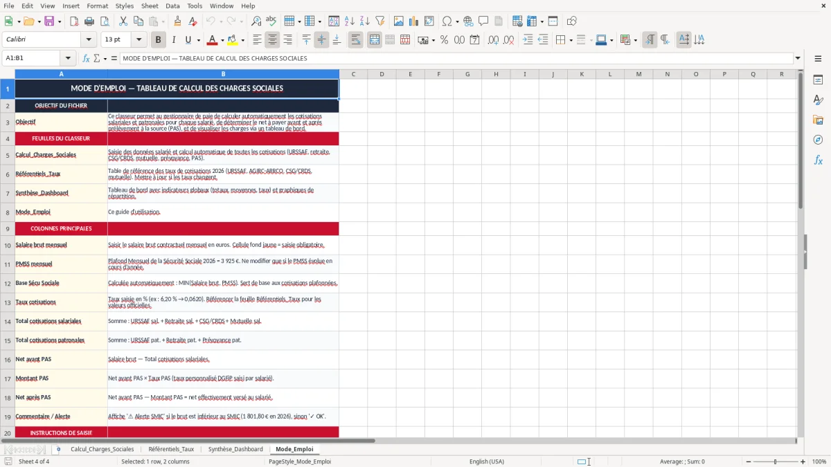Skärmbild 4: fliken Mode_Emploi - Excelmall tableau de calcul des charges sociales excel