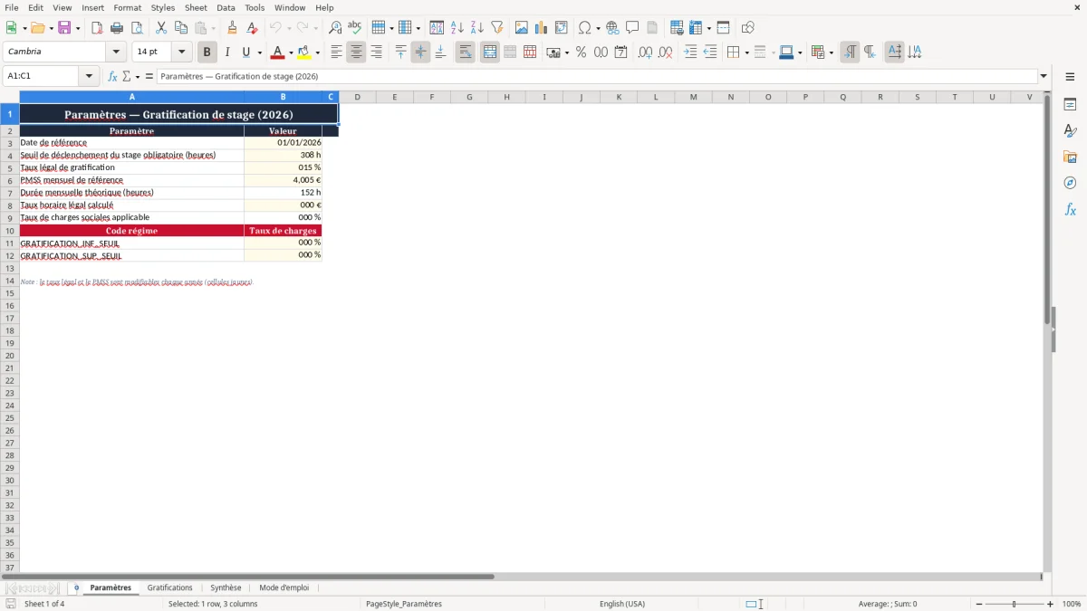 Capture 1 : onglet Paramètres - Modèle Excel calcul de la gratification de stage excel