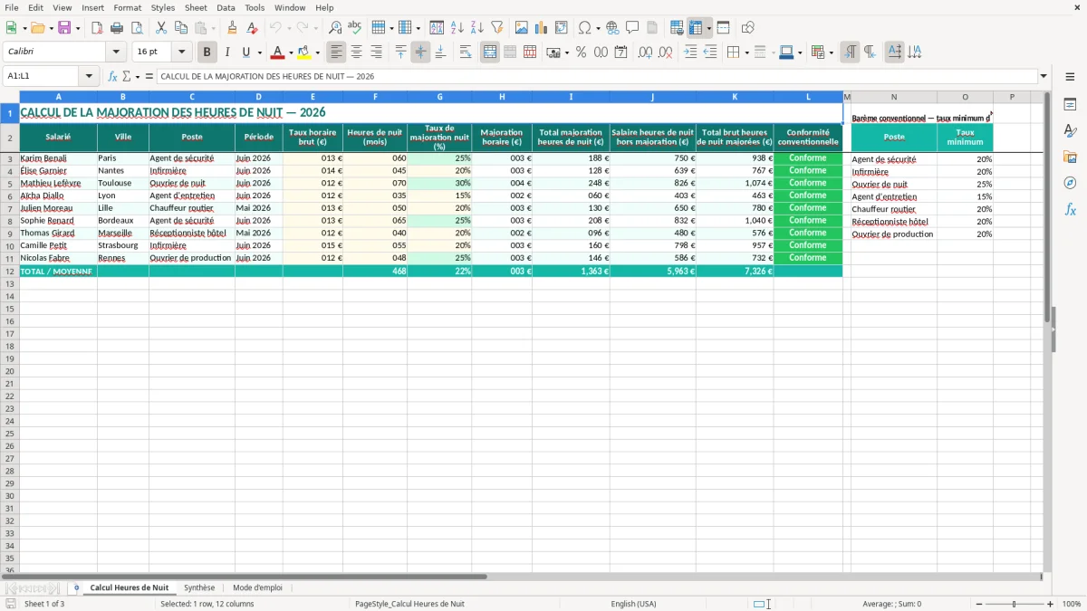 Capture 1 : onglet Calcul Heures de Nuit - Modèle Excel calcul de la majoration des heures de nuit excel