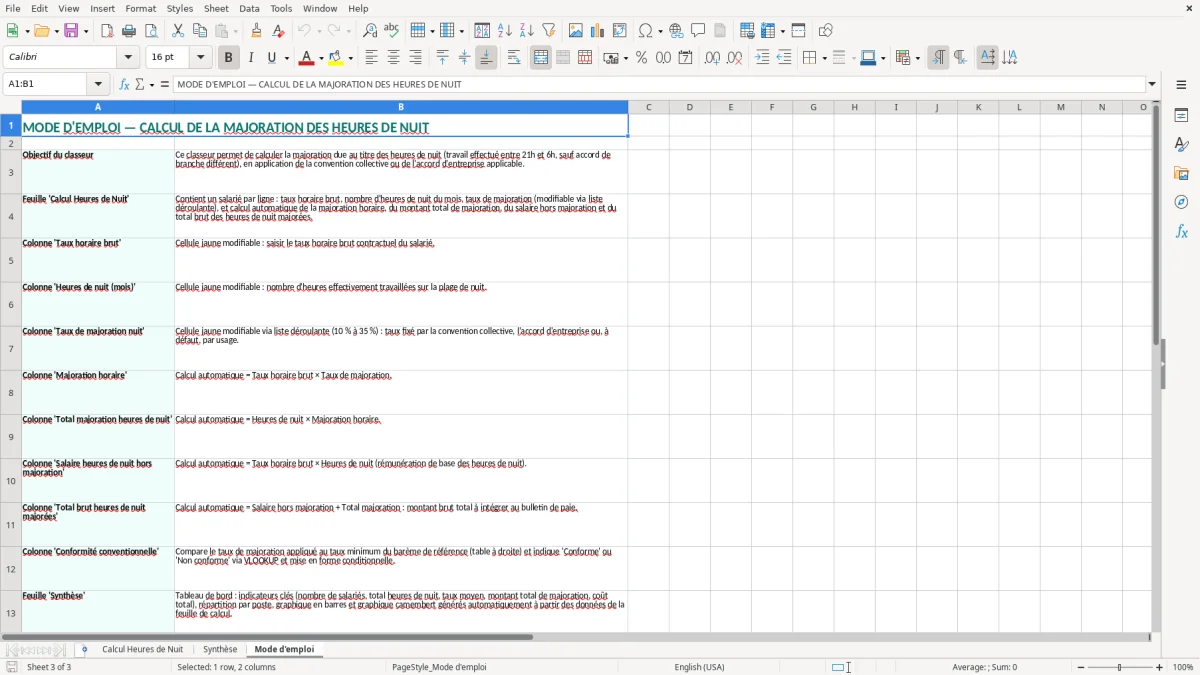 Capture 3 : onglet Mode d'emploi - Modèle Excel calcul de la majoration des heures de nuit excel