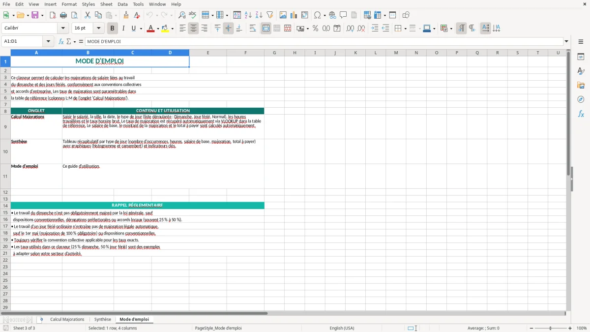 Capture 3 : onglet Mode d'emploi - Modèle Excel calcul de la majoration dimanche et jours fériés excel