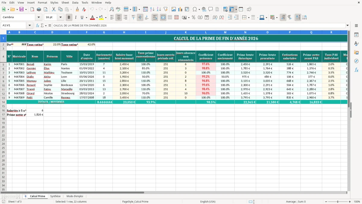Capture 1 : onglet Calcul Prime - Modèle Excel calcul de la prime de fin d'année excel