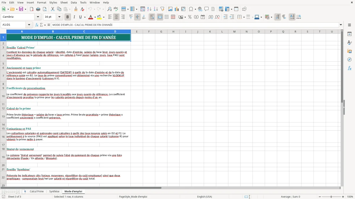 Capture 3 : onglet Mode d'emploi - Modèle Excel calcul de la prime de fin d'année excel