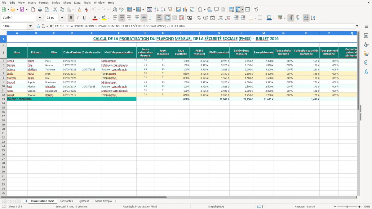 Capture 1 : onglet Proratisation PMSS - Modèle Excel calcul de la proratisation du plafond de sécurité sociale excel