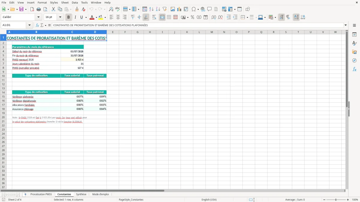 Capture 2 : onglet Constantes - Modèle Excel calcul de la proratisation du plafond de sécurité sociale excel