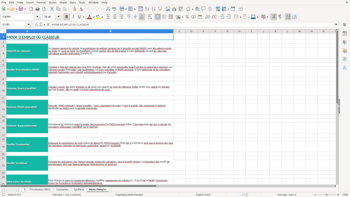 Capture 4 : onglet Mode d'emploi - Modèle Excel calcul de la proratisation du plafond de sécurité sociale excel