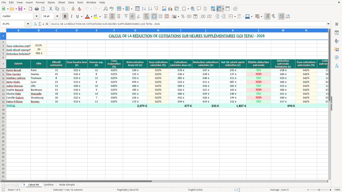 Capture 1 : onglet Calcul HS - Modèle Excel calcul de la réduction de cotisations heures supplémentaires excel
