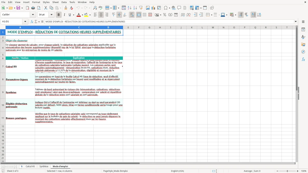Capture 3 : onglet Mode d'emploi - Modèle Excel calcul de la réduction de cotisations heures supplémentaires excel