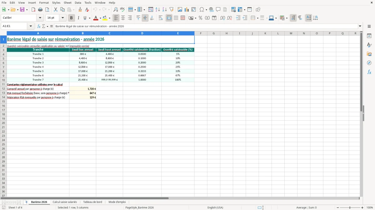 Capture 1 : onglet Barème 2026 - Modèle Excel calcul de la saisie sur salaire excel