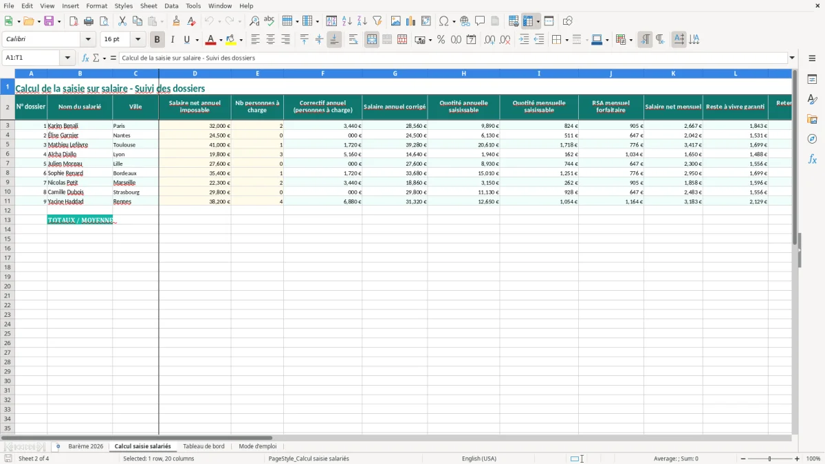 Capture 2 : onglet Calcul saisie salariés - Modèle Excel calcul de la saisie sur salaire excel