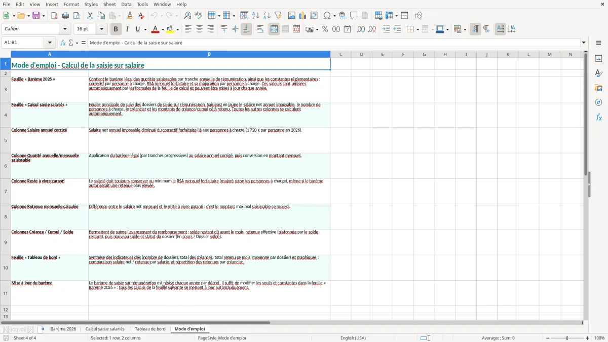Capture 4 : onglet Mode d'emploi - Modèle Excel calcul de la saisie sur salaire excel