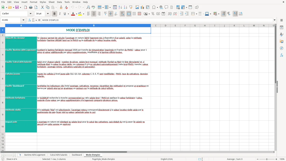 Capture 4 : onglet Mode d'emploi - Modèle Excel calcul de l'avantage en nature logement excel