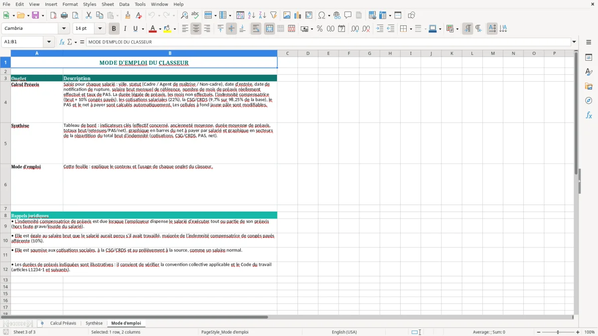 Capture 3 : onglet Mode d'emploi - Modèle Excel calcul de l'indemnité compensatrice de préavis excel