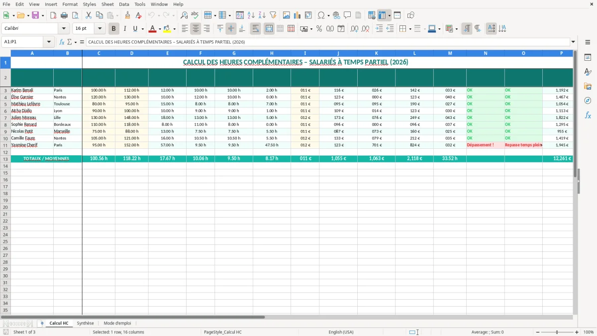Capture 1 : onglet Calcul HC - Modèle Excel calcul des heures complémentaires temps partiel excel