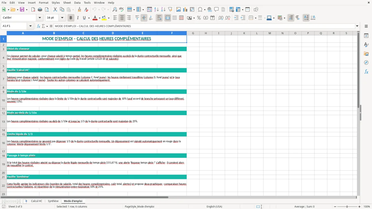 Capture 3 : onglet Mode d'emploi - Modèle Excel calcul des heures complémentaires temps partiel excel
