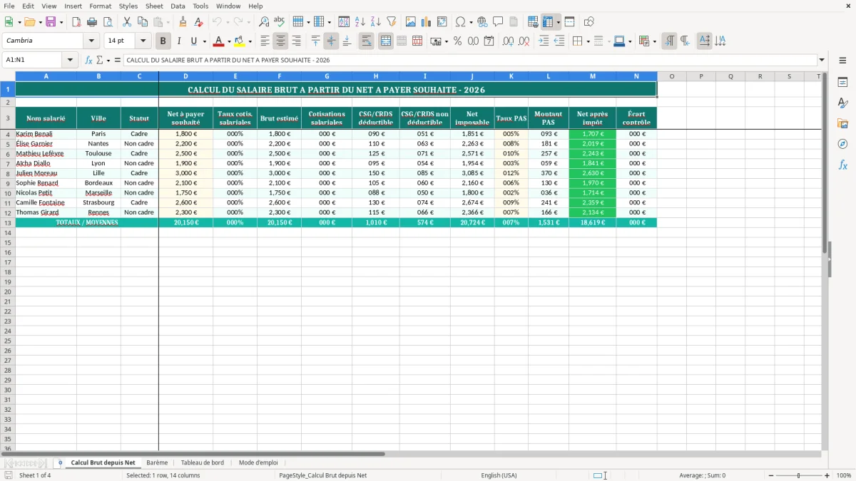 Capture 1 : onglet Calcul Brut depuis Net - Modèle Excel calcul du brut à partir du net excel