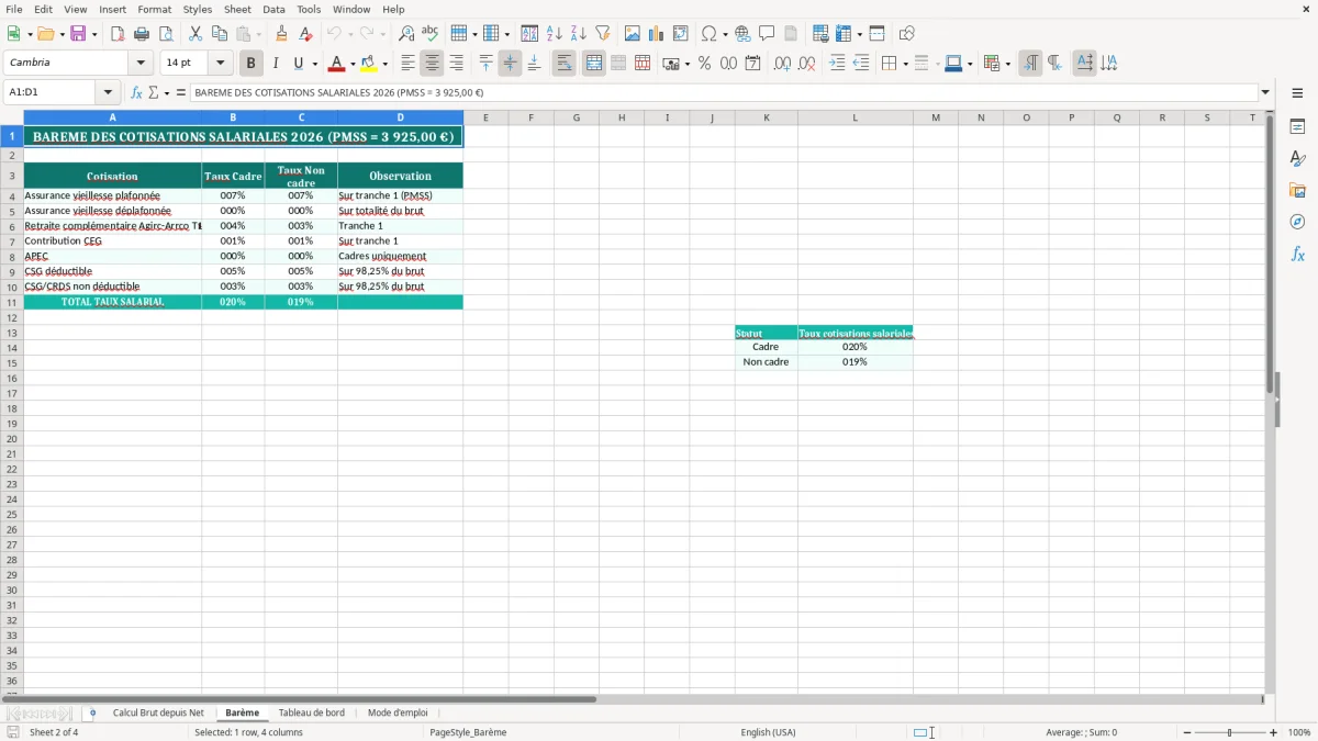 Capture 2 : onglet Barème - Modèle Excel calcul du brut à partir du net excel