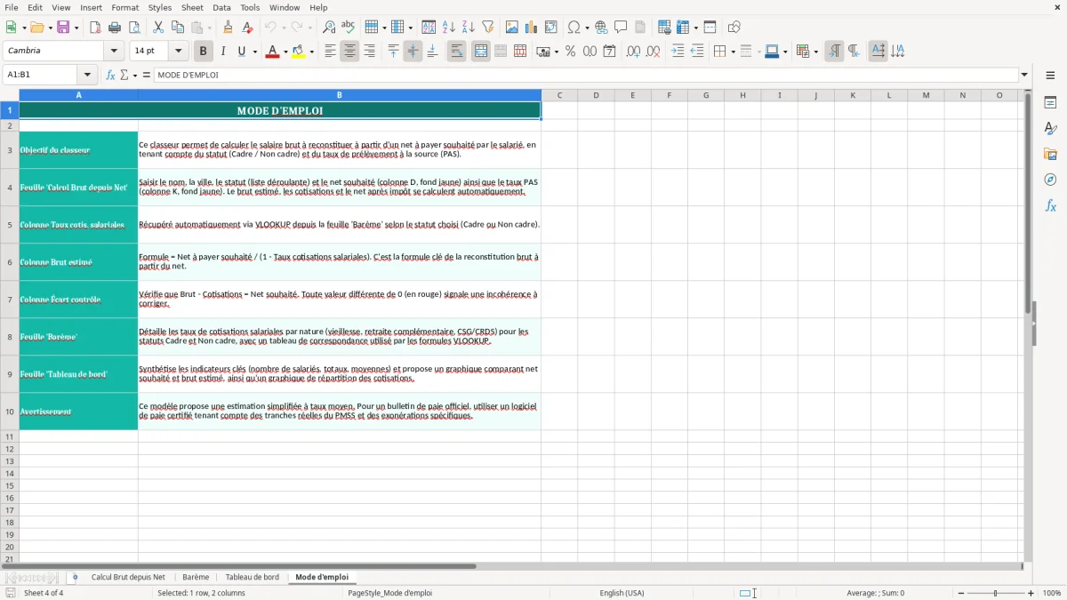 Capture 4 : onglet Mode d'emploi - Modèle Excel calcul du brut à partir du net excel
