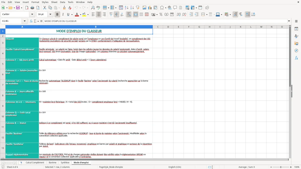 Capture 4 : onglet Mode d'emploi - Modèle Excel calcul du complément de salaire employeur excel