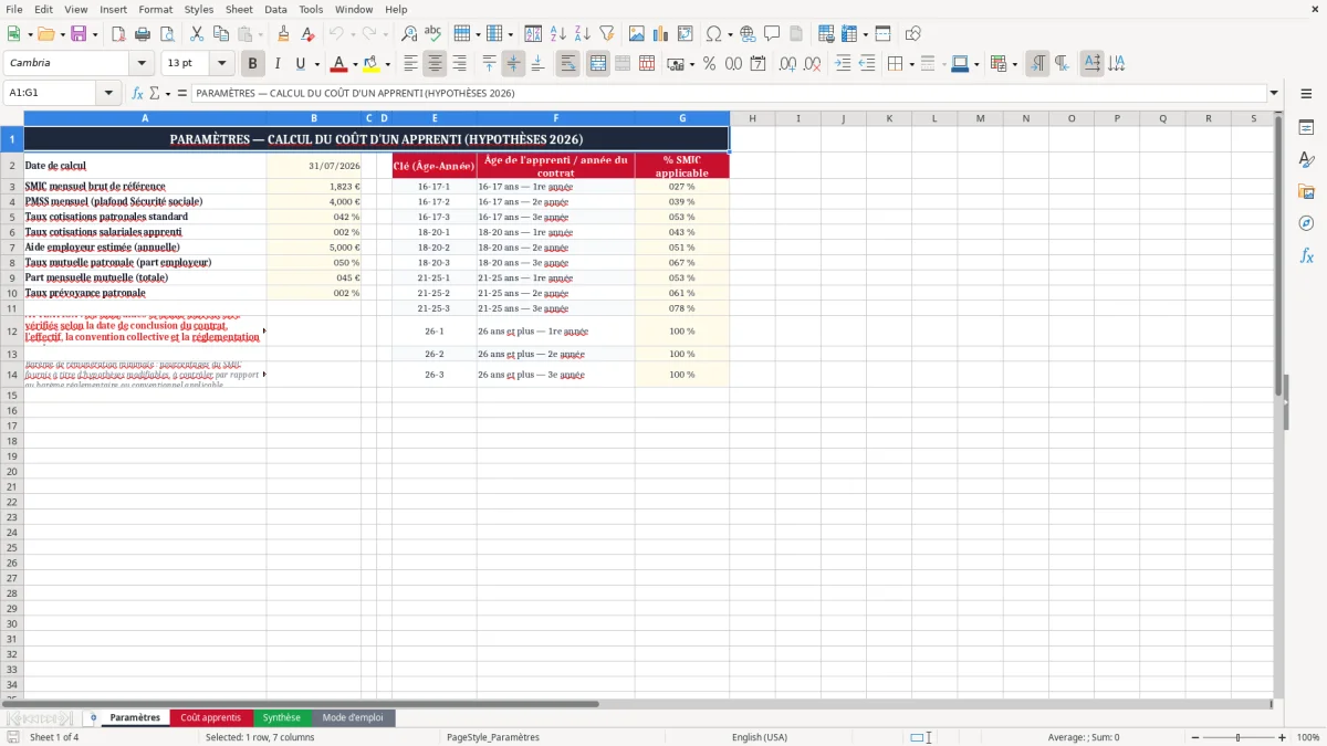 Capture 1 : onglet Paramètres - Modèle Excel calcul du coût d'un apprenti excel