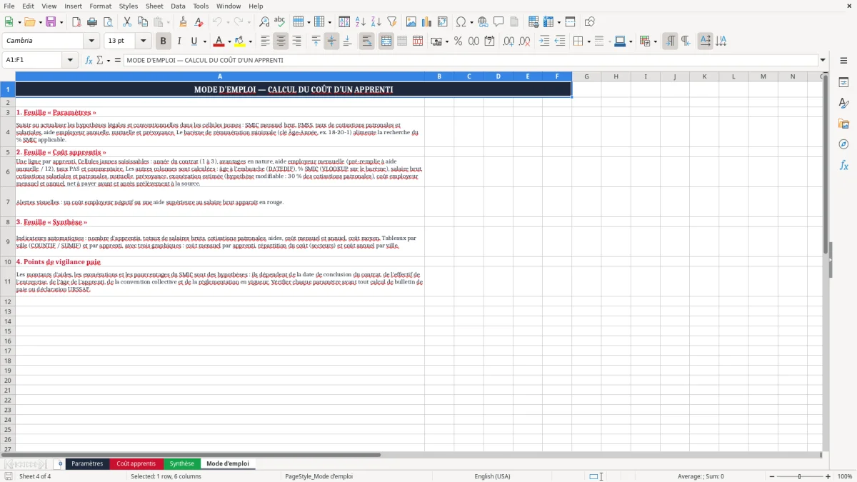 Capture 4 : onglet Mode d'emploi - Modèle Excel calcul du coût d'un apprenti excel