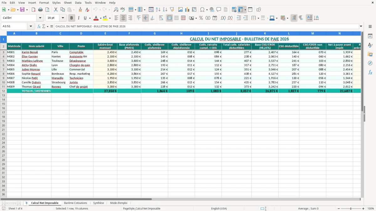 Capture 1 : onglet Calcul Net Imposable - Modèle Excel calcul du net imposable excel
