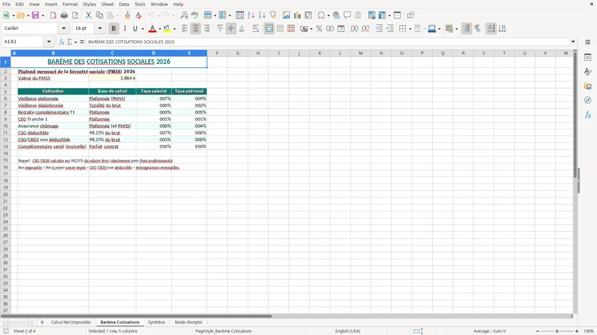 Capture 2 : onglet Barème Cotisations - Modèle Excel calcul du net imposable excel
