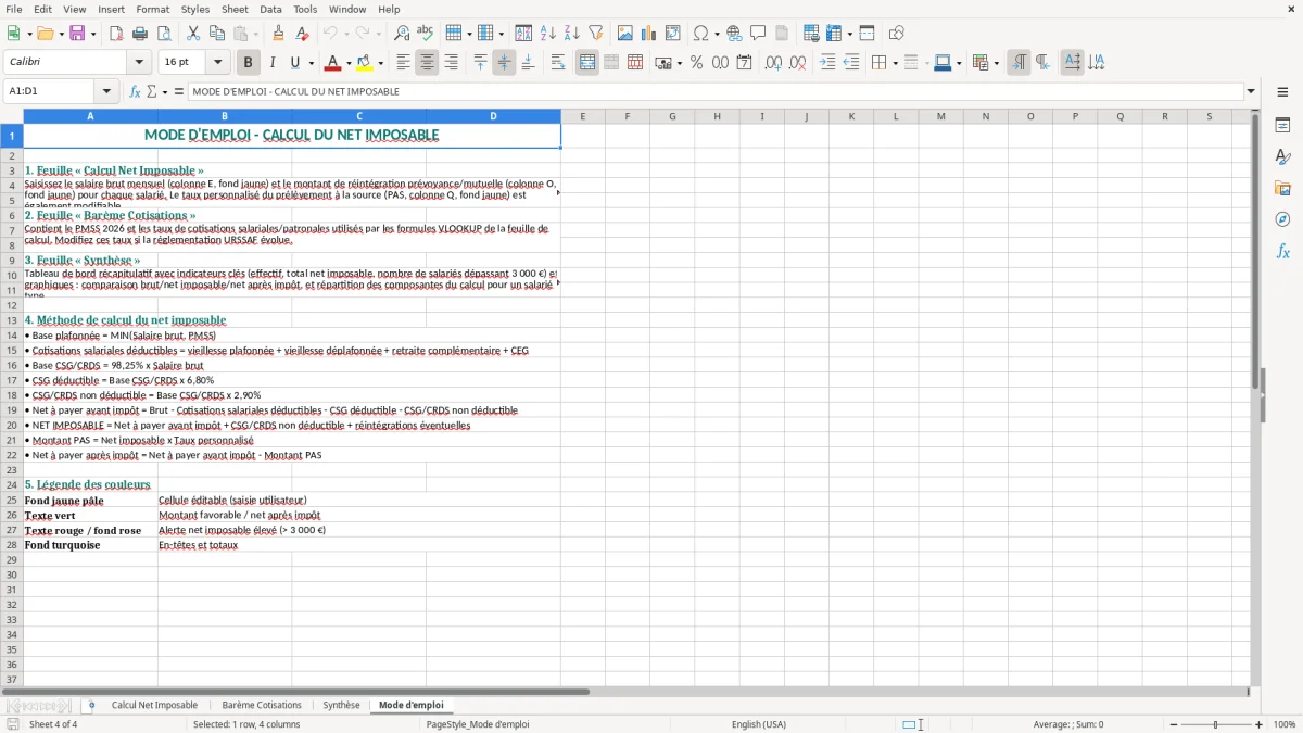 Capture 4 : onglet Mode d'emploi - Modèle Excel calcul du net imposable excel