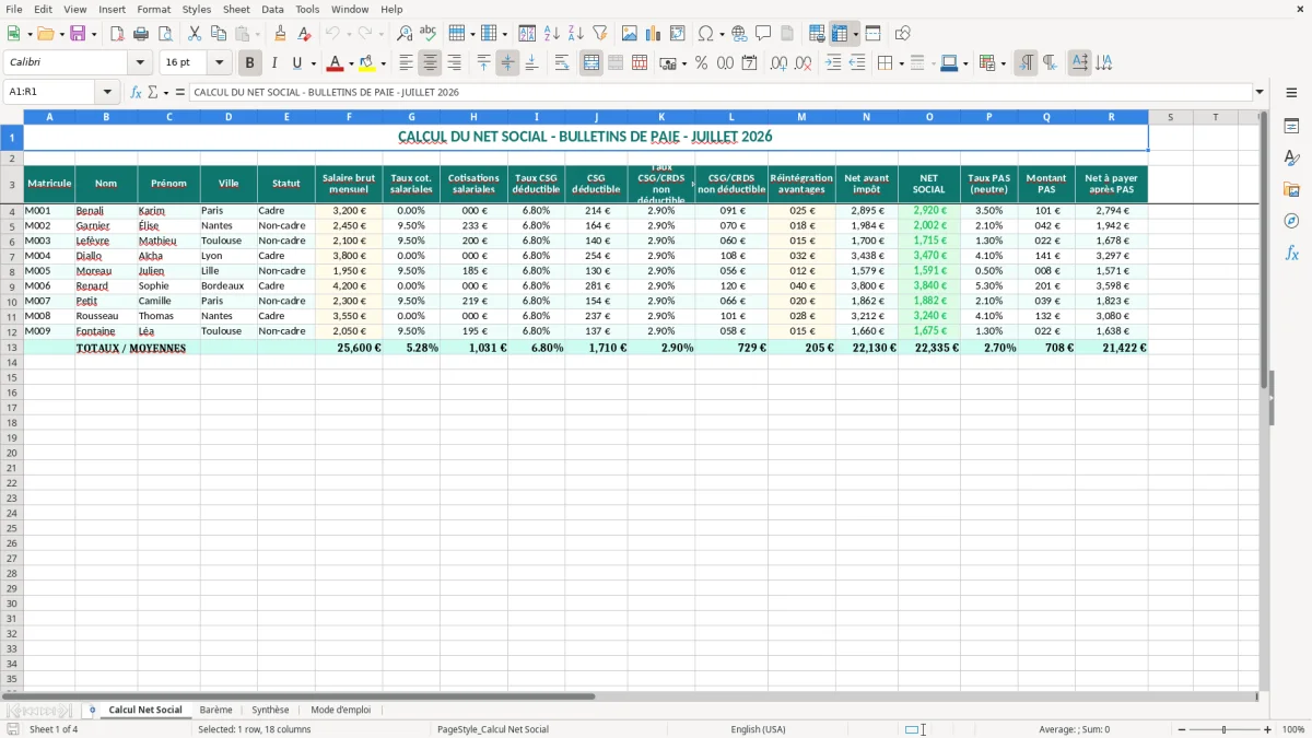 Capture 1 : onglet Calcul Net Social - Modèle Excel calcul du net social excel