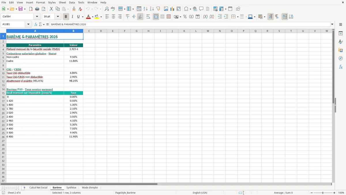 Capture 2 : onglet Barème - Modèle Excel calcul du net social excel