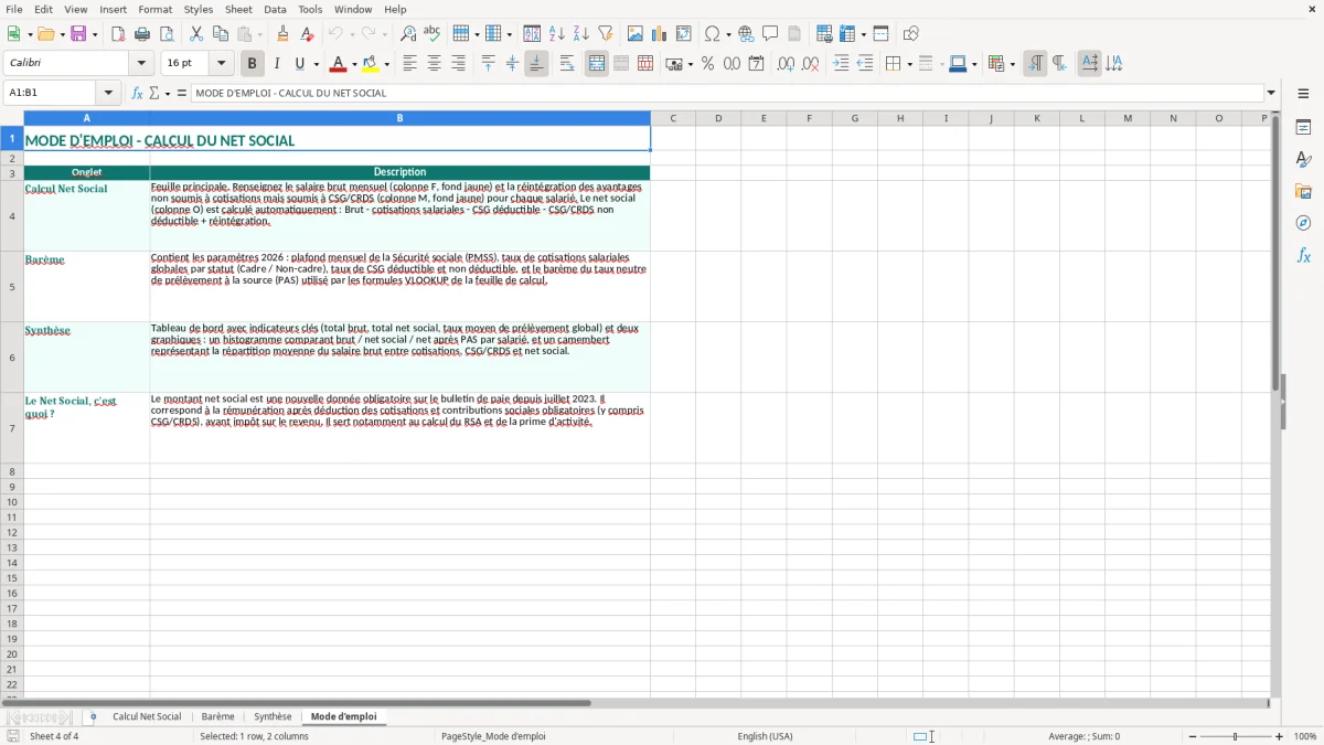 Capture 4 : onglet Mode d'emploi - Modèle Excel calcul du net social excel