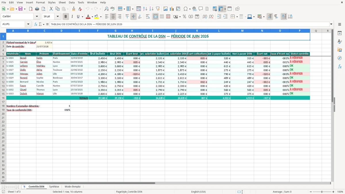 Capture 1 : onglet Contrôle DSN - Modèle Excel tableau de contrôle de la dsn excel
