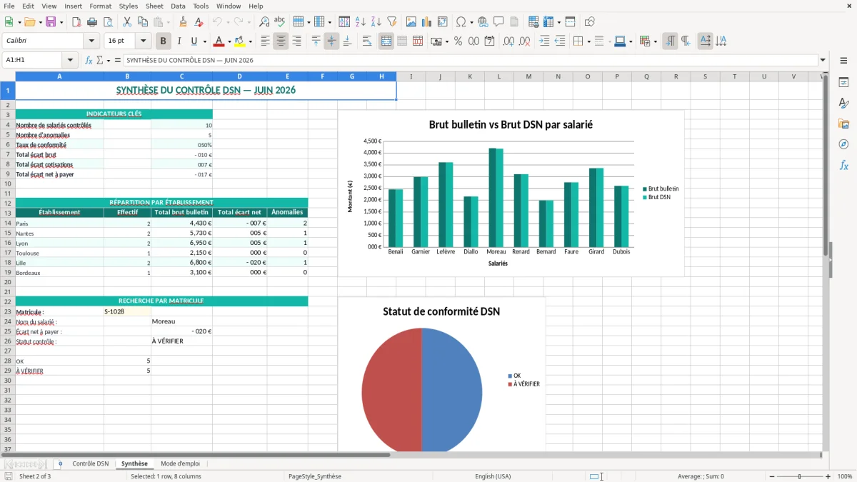 Capture 2 : onglet Synthèse - Modèle Excel tableau de contrôle de la dsn excel