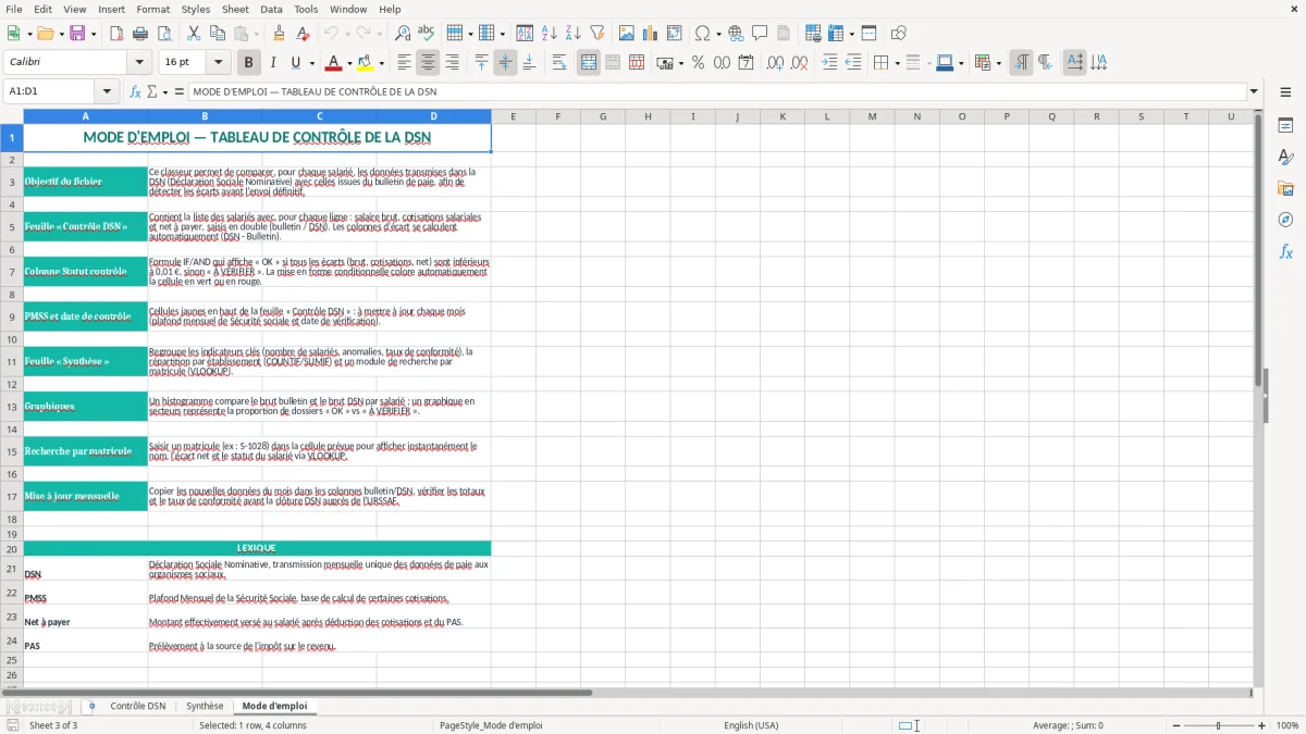 Capture 3 : onglet Mode d'emploi - Modèle Excel tableau de contrôle de la dsn excel