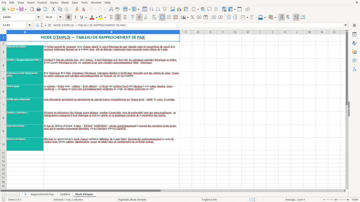 Capture 3 : onglet Mode d'emploi - Modèle Excel tableau de rapprochement de paie excel
