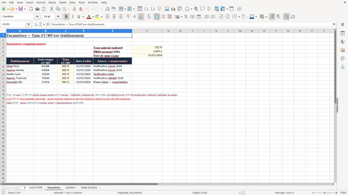 Capture 2 : onglet Paramètres - Modèle Excel calcul de la cotisation accident du travail excel