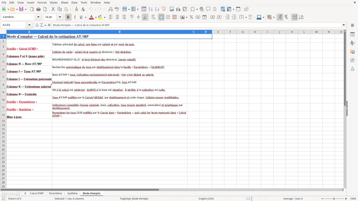Capture 4 : onglet Mode d'emploi - Modèle Excel calcul de la cotisation accident du travail excel