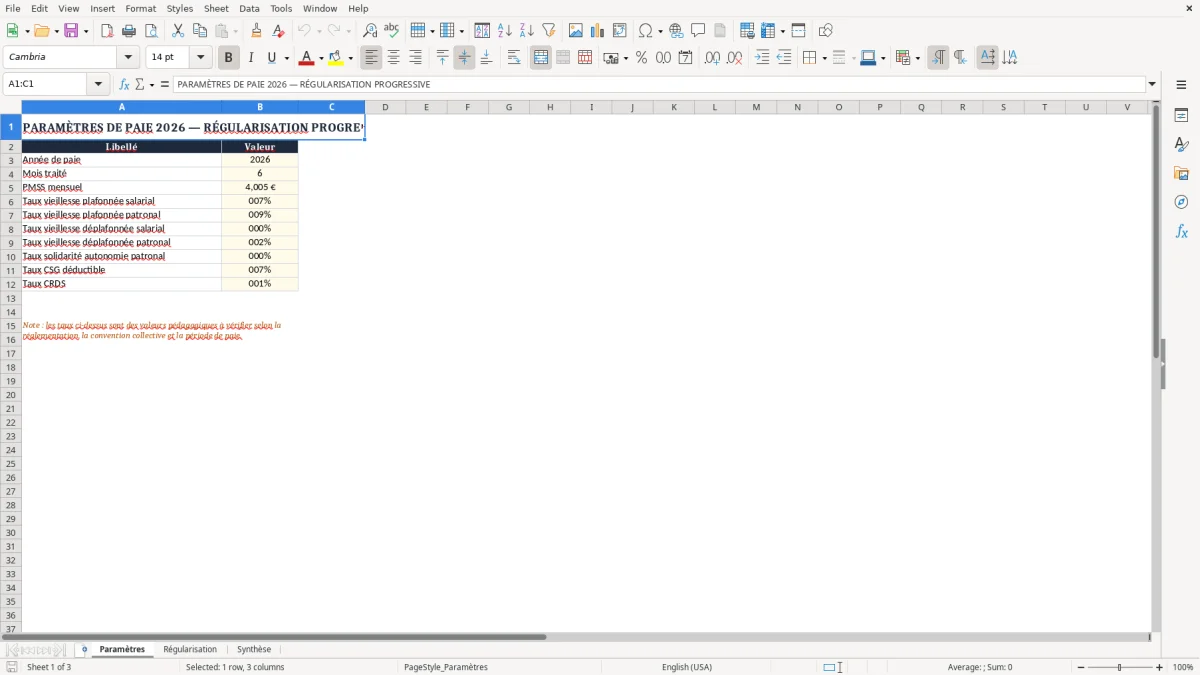 Capture 1 : onglet Paramètres - Modèle Excel calcul de la régularisation progressive des cotisations excel