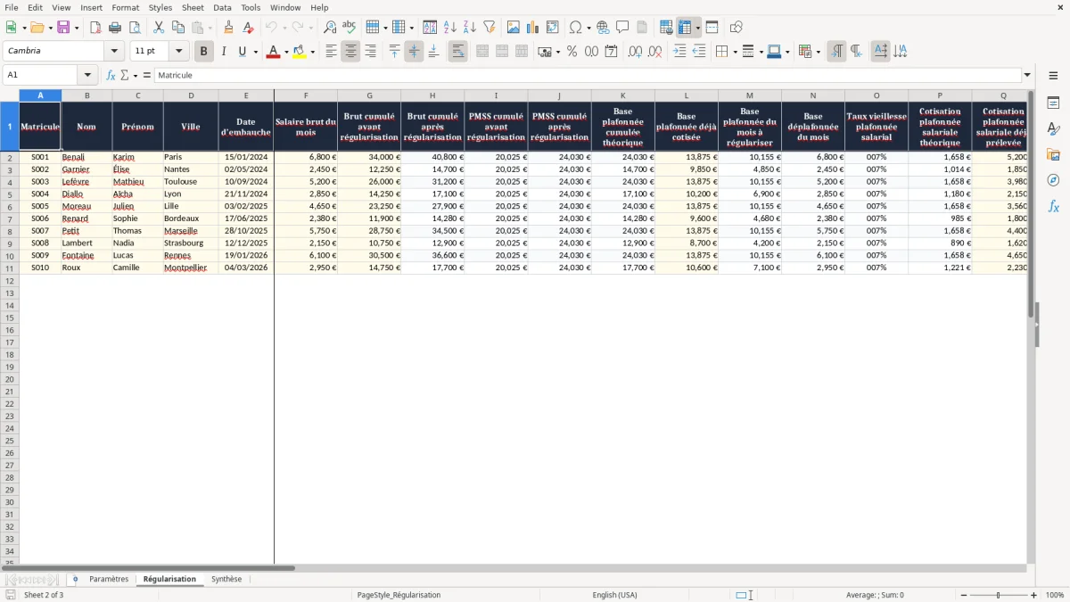 Capture 2 : onglet Régularisation - Modèle Excel calcul de la régularisation progressive des cotisations excel