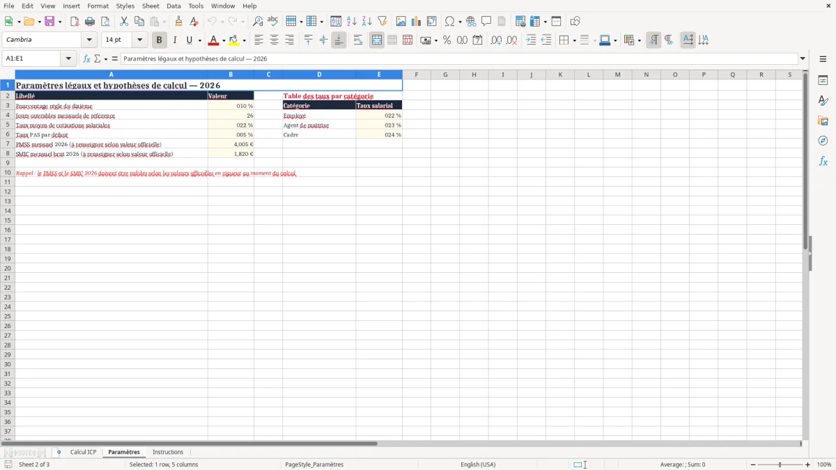 Capture 2 : onglet Paramètres - Modèle Excel calcul de l'indemnité compensatrice de congés payés excel