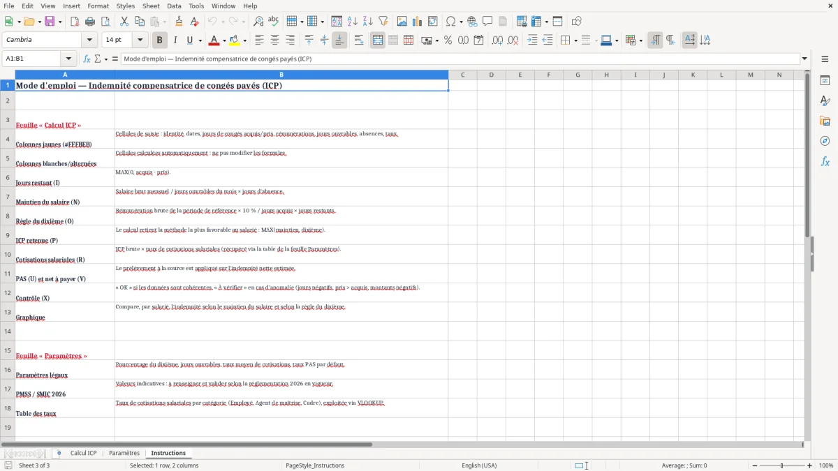 Capture 3 : onglet Instructions - Modèle Excel calcul de l'indemnité compensatrice de congés payés excel