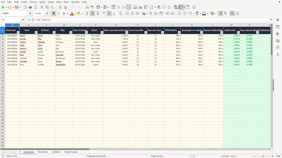Capture 1 : onglet Calcul paie - Modèle Excel calcul du salaire brut chargé excel