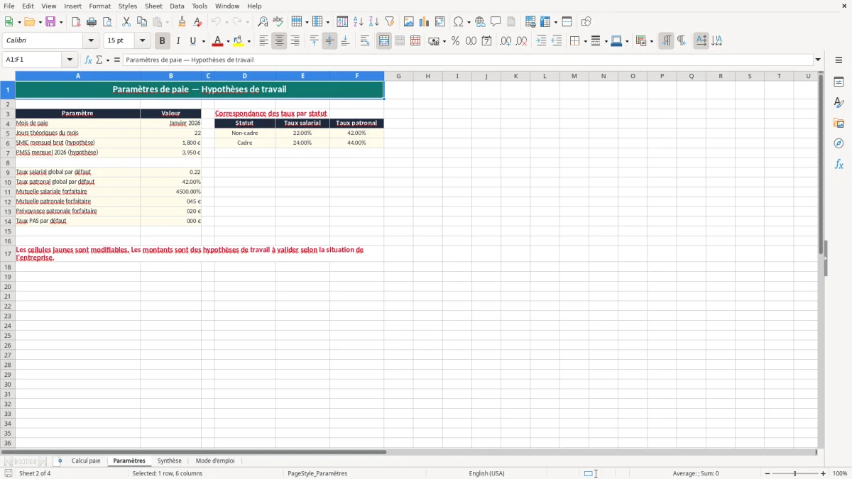 Capture 2 : onglet Paramètres - Modèle Excel calcul du salaire brut chargé excel
