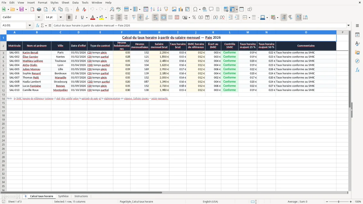 Capture 1 : onglet Calcul taux horaire - Modèle Excel calcul du taux horaire à partir du salaire mensuel excel