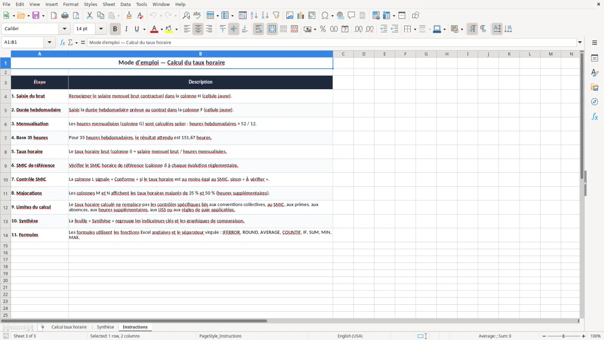 Capture 3 : onglet Instructions - Modèle Excel calcul du taux horaire à partir du salaire mensuel excel