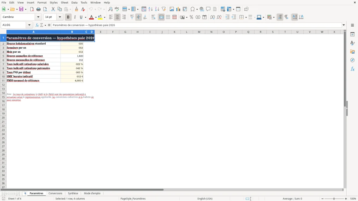 Capture 1 : onglet Paramètres - Modèle Excel conversion salaire annuel mensuel horaire excel