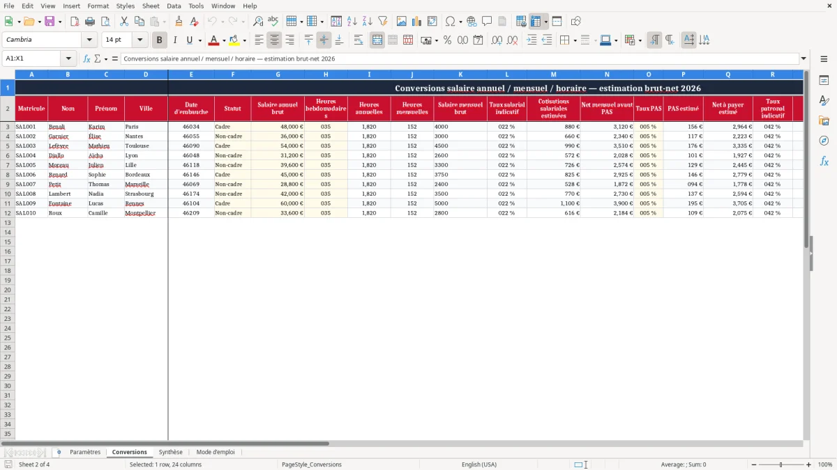 Capture 2 : onglet Conversions - Modèle Excel conversion salaire annuel mensuel horaire excel