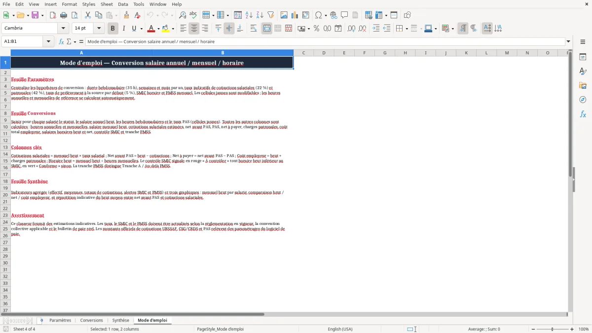 Capture 4 : onglet Mode d'emploi - Modèle Excel conversion salaire annuel mensuel horaire excel