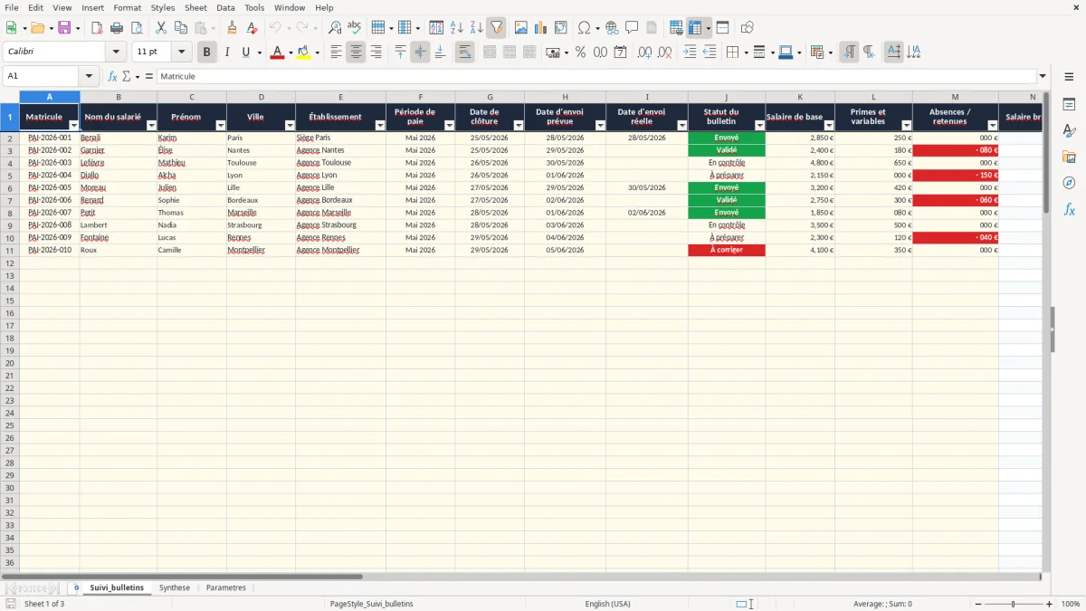 Capture 1 : onglet Suivi_bulletins - Modèle Excel tableau de suivi des bulletins de paie excel