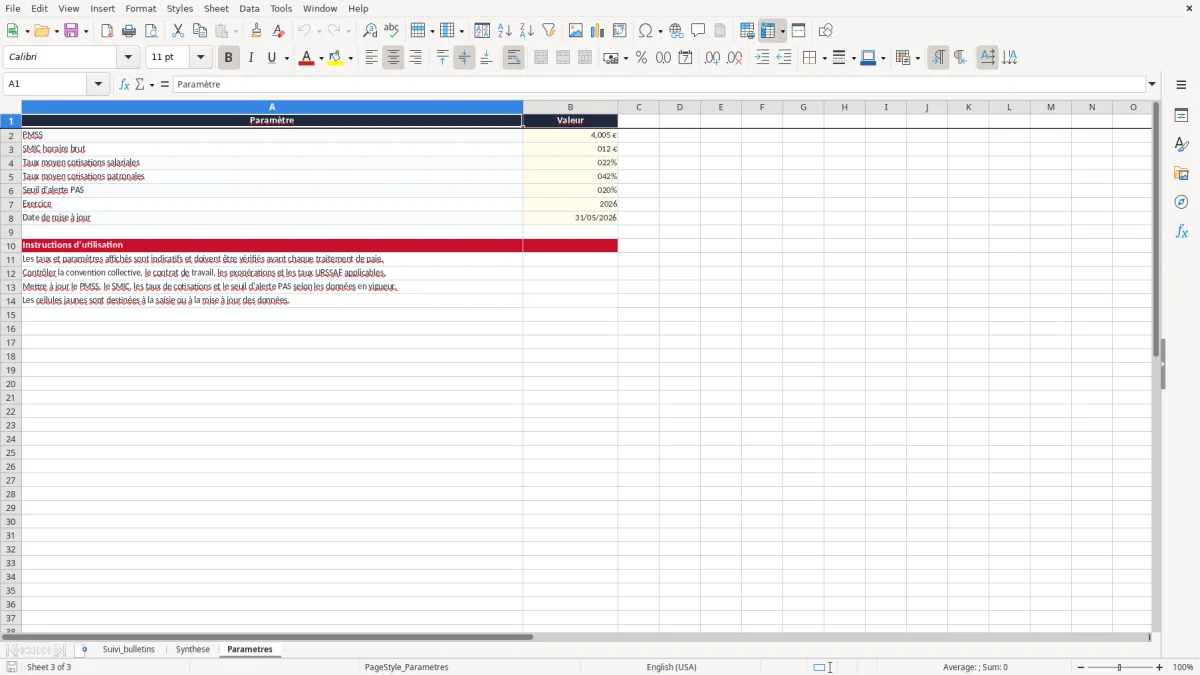 Capture 3 : onglet Parametres - Modèle Excel tableau de suivi des bulletins de paie excel